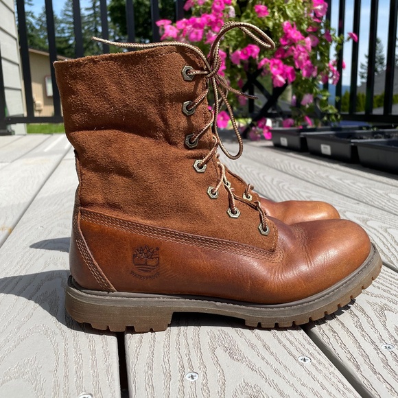 Timberland Teddy Fleece Roll Fold-Down Waterproof Brown Leather Boots Womens 6.5